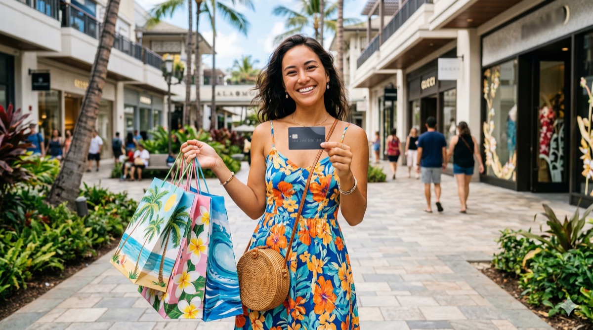 ハワイでクレジットカードを使ってショッピングする女性