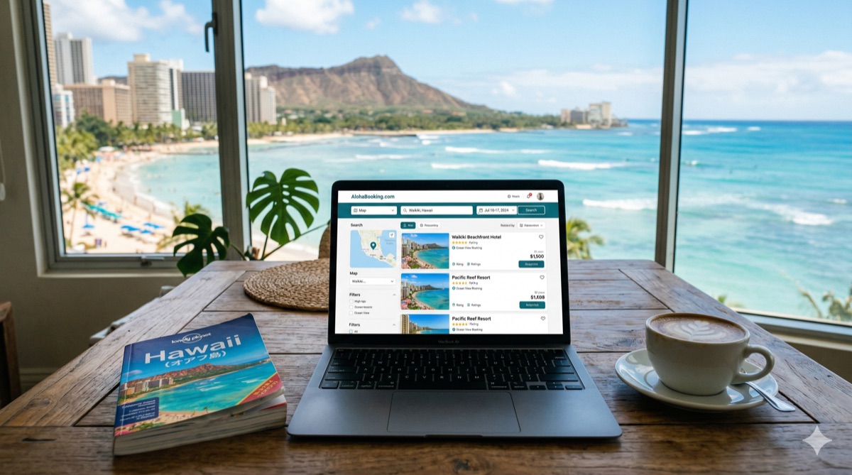 ホテル予約サイトを表示するノートパソコン