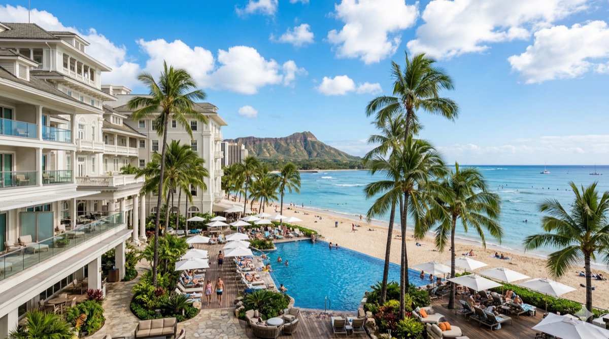 ワイキキのリゾートホテルとプール