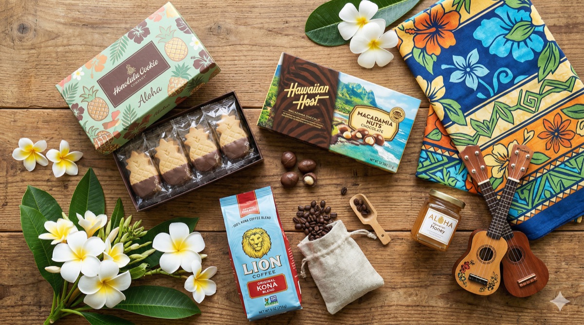 ハワイの人気お土産を並べたフラットレイ写真