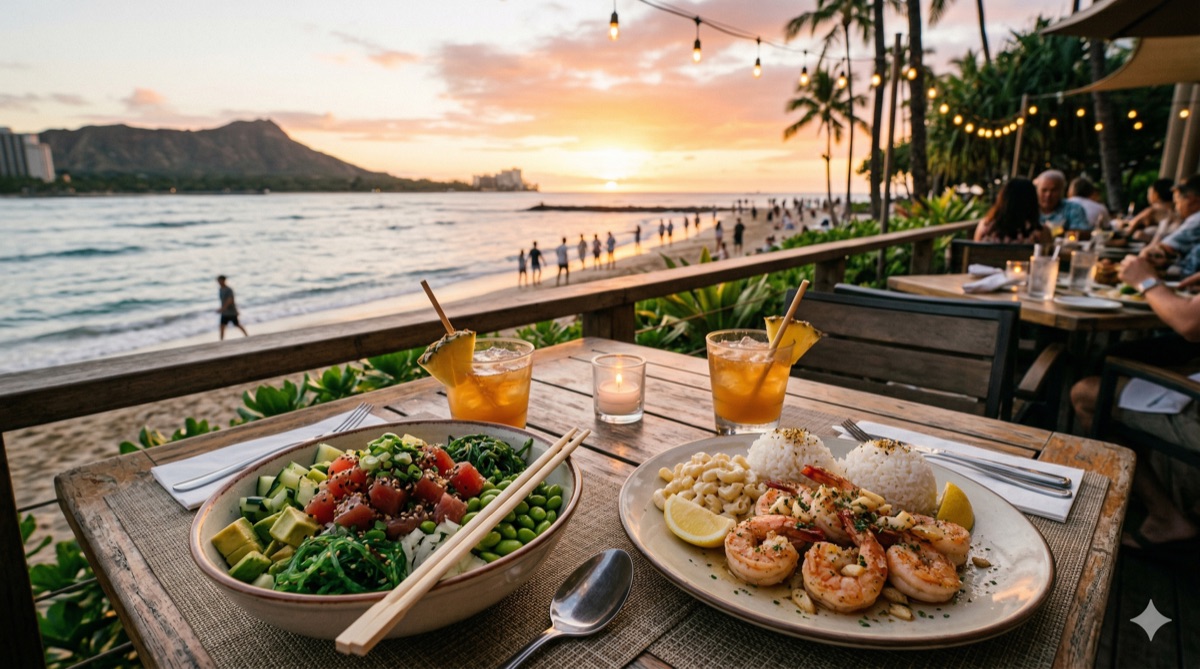ハワイのビーチサイドレストランで食事を楽しむ様子