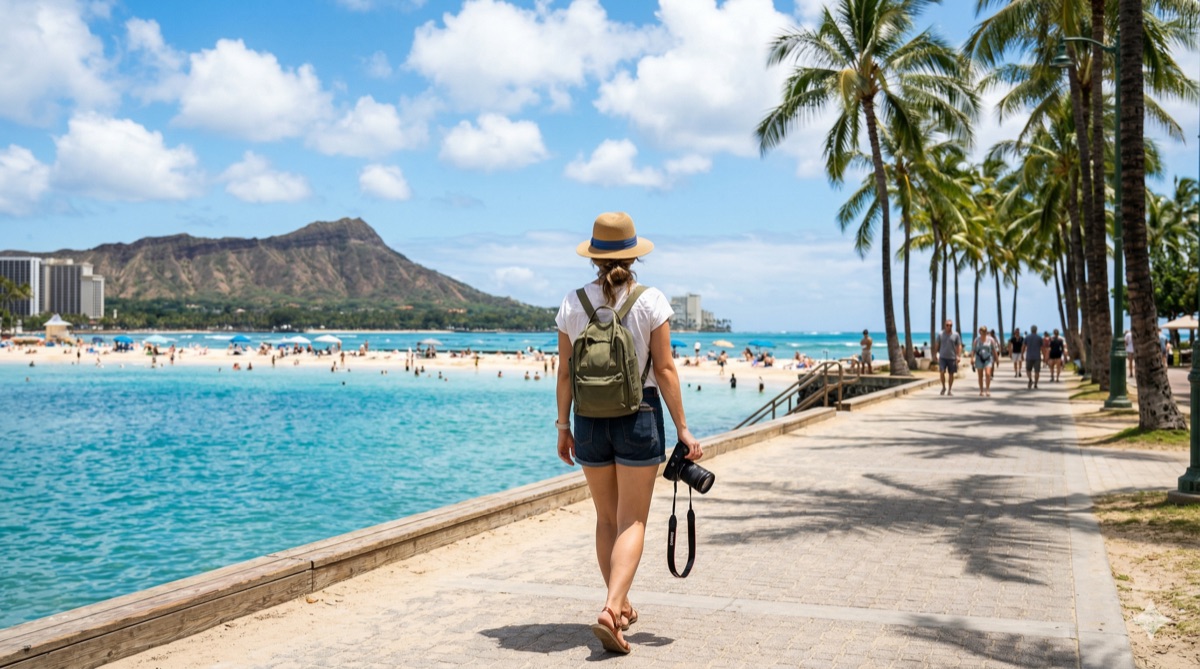 ワイキキを一人で散策する女性旅行者